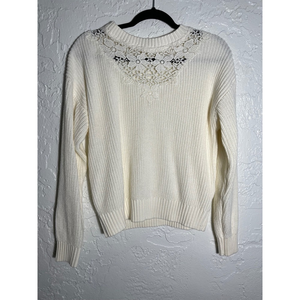 Lalavon Ivory Crochet Lace Back Knit Sweater Women's Small Cottagecore